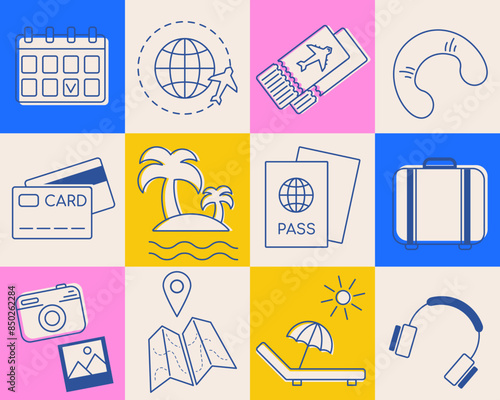 Travel supplies icons, background for summer journey, beach vacation. Active tourism element collection. Pattern, banner for trip, tour operator. Retro style poster, card for traveling providers.