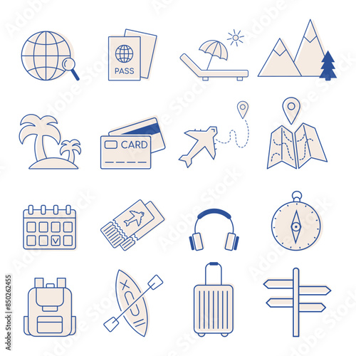 Collection of travel icons, summer vacation trip at sea, beach vacation, summer vacation, journey. Active tourism vector elements for tour, camping providers, summer camp, trip, journey abroad.