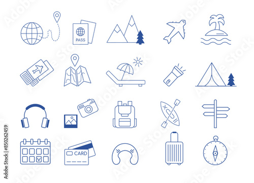 Set of travel icons. Collection of summer vacation trip at sea, beach vacation, summer vacation, journey. Active tourism icons for tour, camping providers, summer camp, trip, journey abroad.