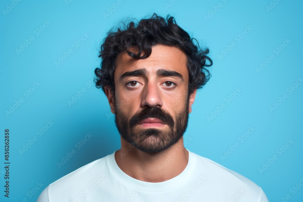 Sad man, 34, Middle Eastern, feeling insecure, on a pastel blue background Sad man, 34, Middle Eastern, feeling insecure, on a pastel blue background