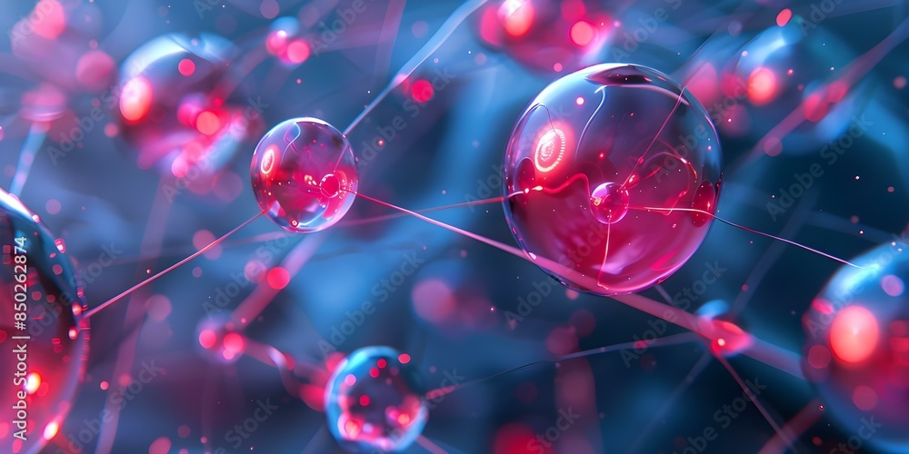 3D model showing red and blue spheres representing electrons orbiting a nucleus. Concept 3D Modeling, Atom Structure, Electron Orbit, Nucleus Representation, Red and Blue Spheres