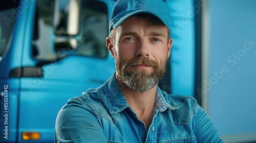 Truck driver in uniform standing by a truck, isolated on a pastel blue background.