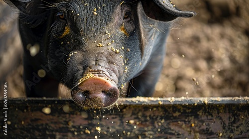 A pig eating food from a trough on a farm