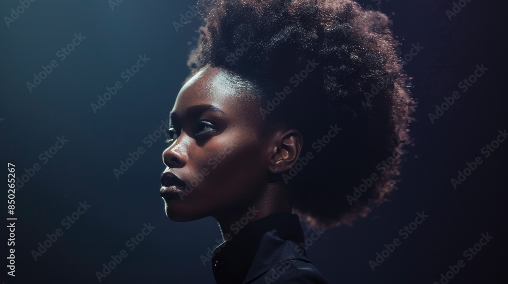 A woman with a dark afro is standing in front of a dark background A woman with a dark afro is standing in front of a dark background