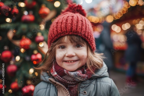 Smiling little girl in warm clothes looking at camera while standing near christmas tree at christmas market in covent garden - generative ai © Nia™