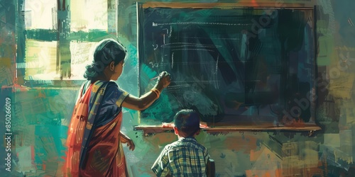 Teacher in Traditional Dress Teaching Young Student at Chalkboard illustration