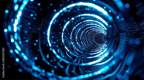 Abstract blue glowing lines in spiral shape on black background. Generate AI