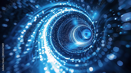 Abstract blue glowing lines in spiral shape on black background. Generate AI