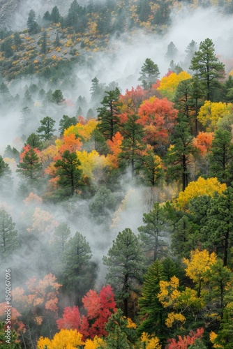 Aerial view of serene foggy autumn coniferous forest landscape for tranquil travel background