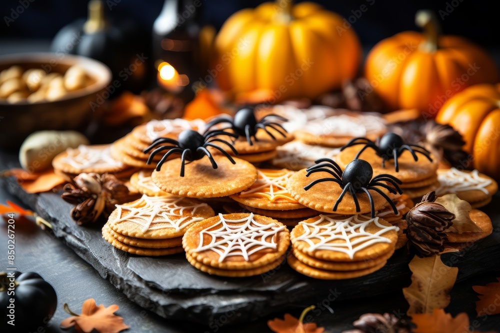 Fototapeta premium The Halloween charcuterie board featuring mini pumpkin pies and spider web crackers