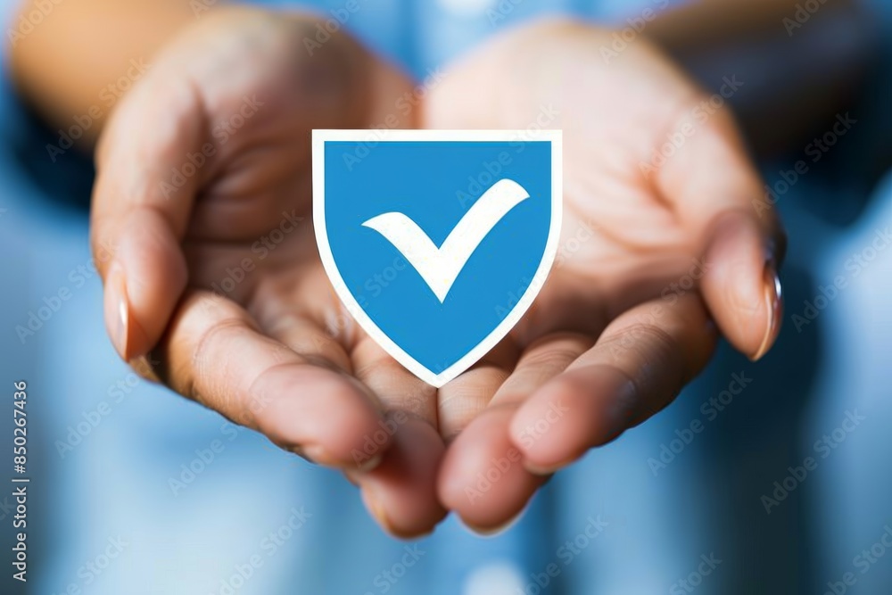 Hands holding a blue shield with a checkmark, representing security, protection, and trust in a safe and reliable concept, Generative AI Hands holding a blue shield with a checkmark, representing security, protection, and trust in a safe and reliable concept, Generative AI