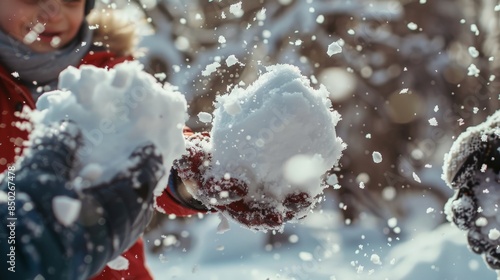 A couple is having a snowball fight in the park photo