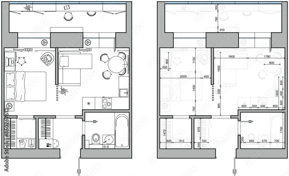 Architectural measuring plan of apartment and floor plan of arrangement of furniture (view from above). Vector interior house in top view Architectural measuring plan of apartment and floor plan of arrangement of furniture (view from above). Vector interior house in top view