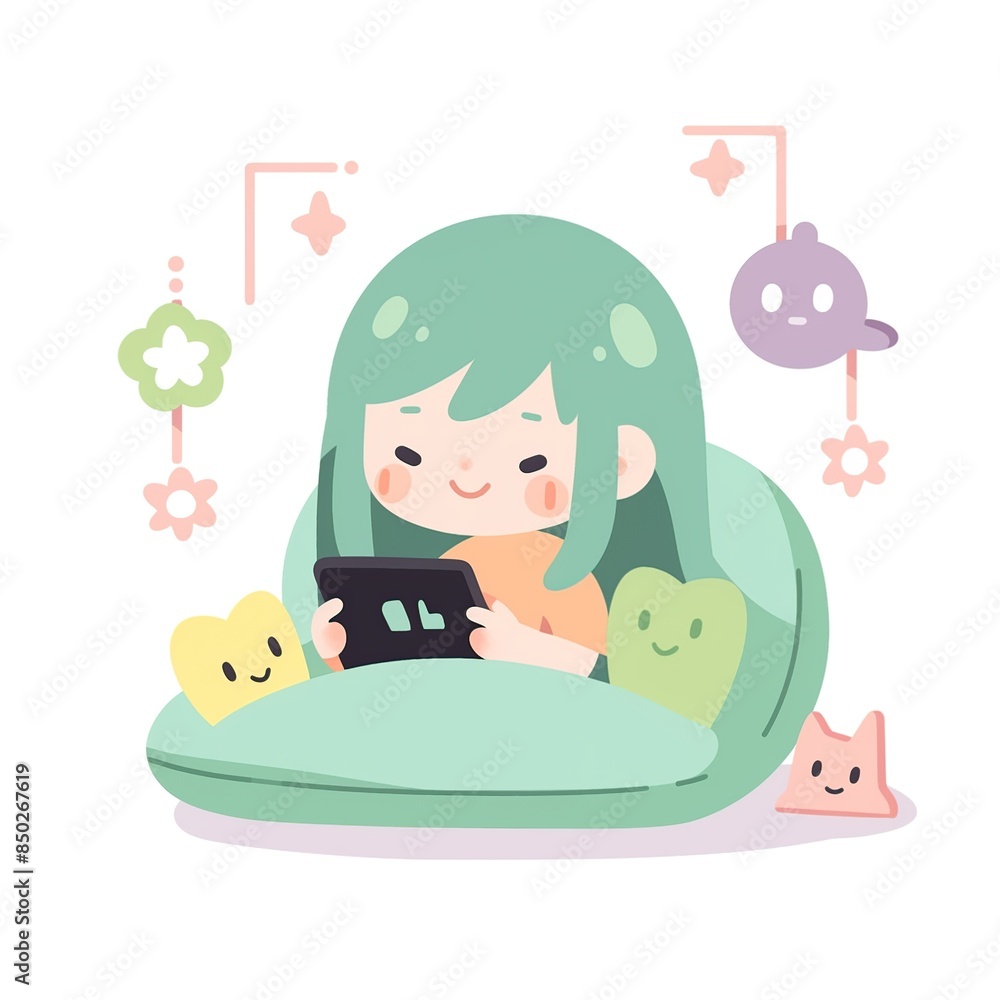Illustration of girl playing with tablet in a puff Illustration of girl playing with tablet in a puff