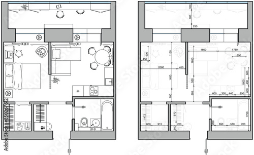 Architectural measuring plan of apartment and floor plan of arrangement of furniture (view from above). Vector interior house in top view