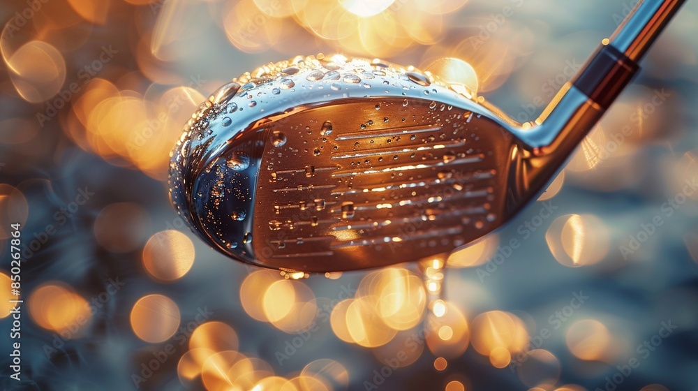 Macro view of a polished golf club head with scratches, reflecting warm sunset hues, Hyperrealistic, Sharp detail, Soft bokeh background 8K , high-resolution, ultra HD,up32K HD Macro view of a polished golf club head with scratches, reflecting warm sunset hues, Hyperrealistic, Sharp detail, Soft bokeh background 8K , high-resolution, ultra HD,up32K HD