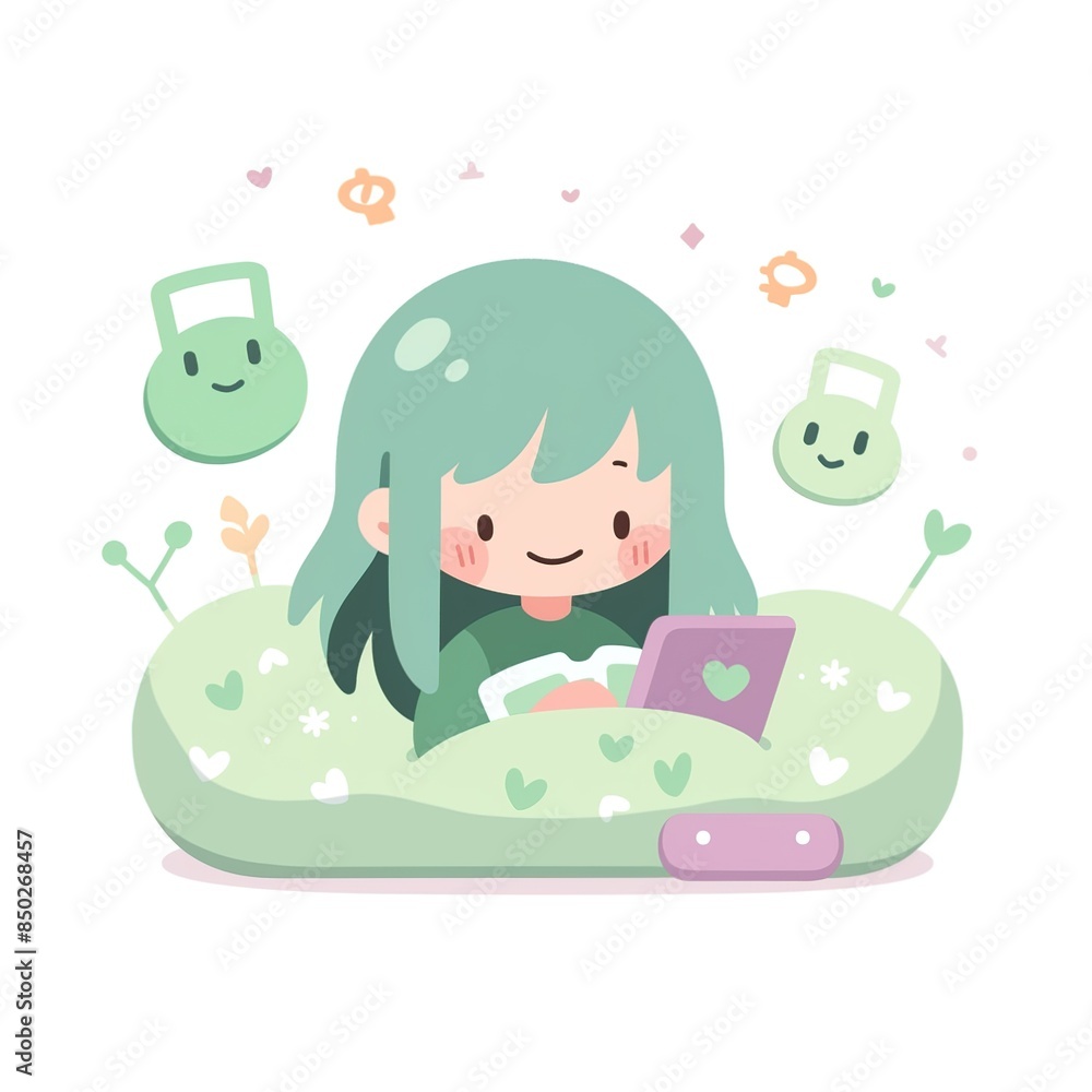 Illustration of girl playing with tablet in a puff Illustration of girl playing with tablet in a puff