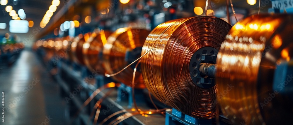 Obraz premium Industrial spools of copper wire, focusing on the shiny coils, background showing rows of machinery and blurred lights, Macro, Highresolution 8K , high-resolution, ultra HD,up32K HD