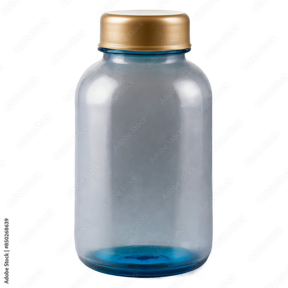 Transparent blue glass jar with golden lid on a white background, perfect for product presentations, png Transparent blue glass jar with golden lid on a white background, perfect for product presentations, png
