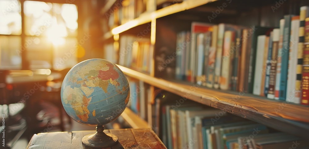 A globe is photographed on a table in a library A globe is photographed on a table in a library