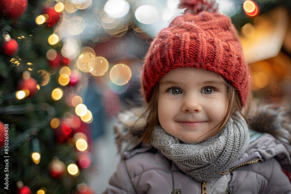 Smiling little girl in warm clothes looking at camera while standing near christmas tree at christmas market in covent garden - generative ai Smiling little girl in warm clothes looking at camera while standing near christmas tree at christmas market in covent garden - generative ai