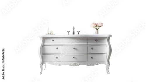 White Vanity With Six Drawers And Ornate Details