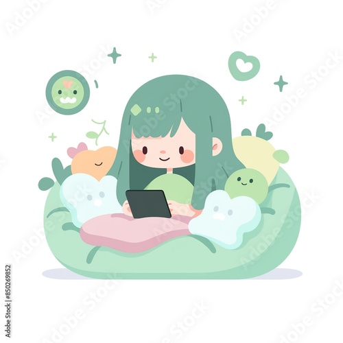 Illustration of girl playing with tablet in a puff