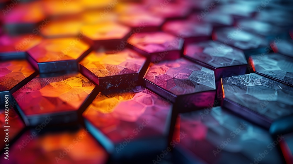 An abstract background featuring 3D hexagons popping out from the surface, vivid colors, hd quality, digital art, high contrast, geometric design, modern aesthetic, artistic abstraction. An abstract background featuring 3D hexagons popping out from the surface, vivid colors, hd quality, digital art, high contrast, geometric design, modern aesthetic, artistic abstraction.