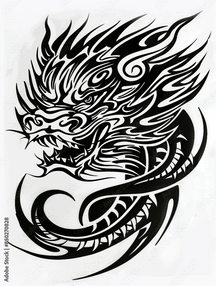 A tattoo of a dragon with a black and white design A tattoo of a dragon with a black and white design