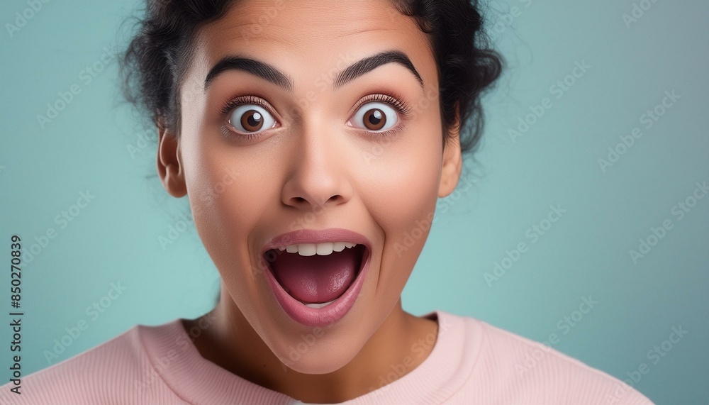 hispanic woman with a surprise expression on her face, pastel theme, close-up hispanic woman with a surprise expression on her face, pastel theme, close-up