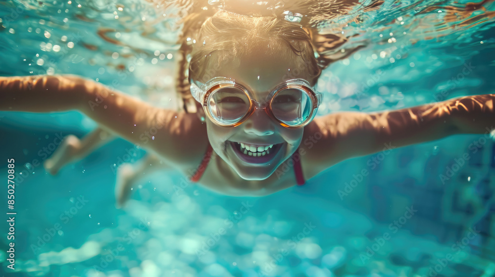 Naklejka premium Joyful Kid Diving and Swimming in Sparkling Pool at Resort During Summer Vacation