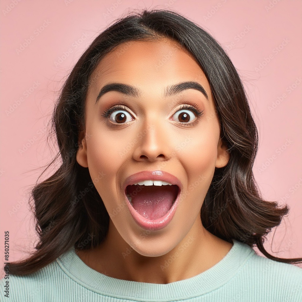 hispanic woman with a surprise expression on her face, pastel theme, close-up hispanic woman with a surprise expression on her face, pastel theme, close-up