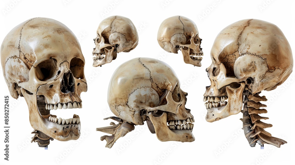 Naklejka premium Collection of multiple human skulls in various angles and positions isolated on white background. Perfect for medical studies, anatomical references, and artistic projects. AI
