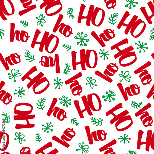 Seamless illustration with red Ho text and Happy Holidays text with snowflakes and different patterns on white background. Vector illustration.