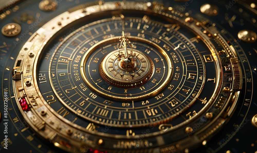A background illustration of a clock or compass made of shiny gold-colored iron A background illustration of a clock or compass made of shiny gold-colored iron