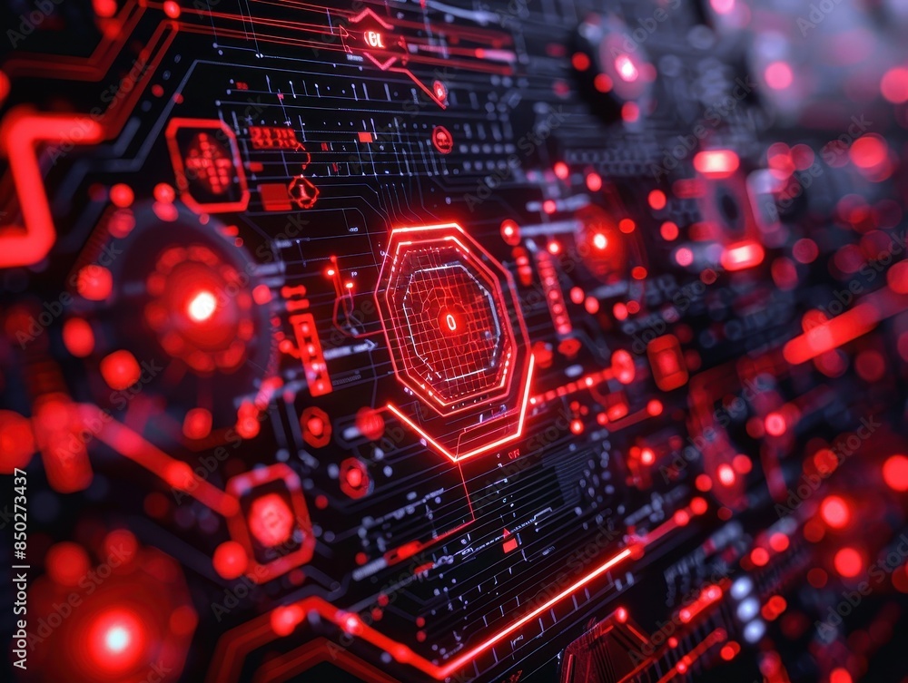 Abstract close-up of red and black digital circuit board with glowing lights, representing technology, innovation, and future concepts. Abstract close-up of red and black digital circuit board with glowing lights, representing technology, innovation, and future concepts.