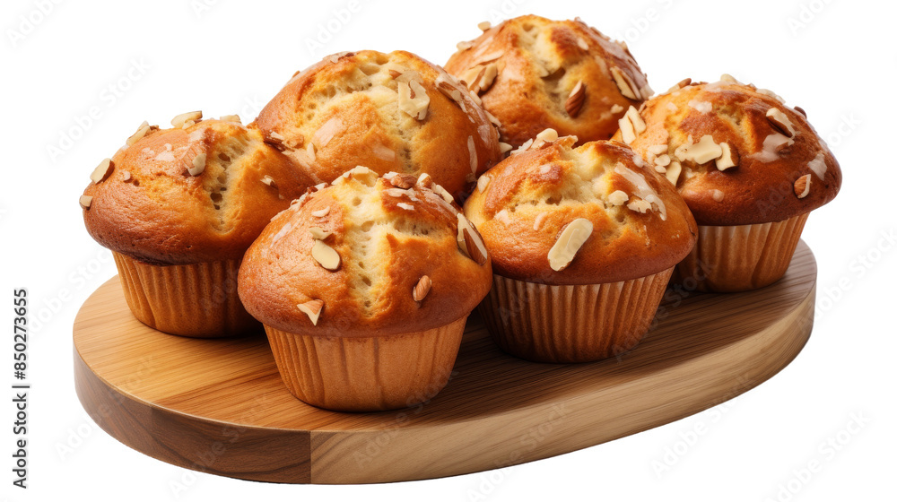 Freshly Baked Almond Muffins on Wooden Serving Board Freshly Baked Almond Muffins on Wooden Serving Board