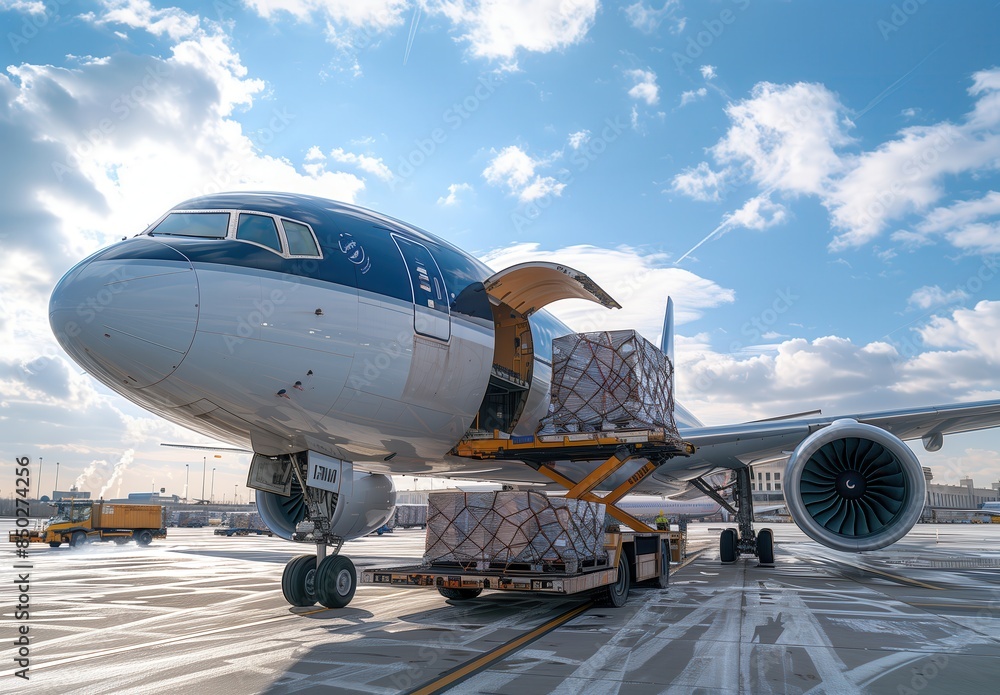 Cargo Plane Loading on Clear Day. Cargo plane being loaded with cargo on a clear day, with blue skies and scattered clouds. Cargo Plane Loading on Clear Day. Cargo plane being loaded with cargo on a clear day, with blue skies and scattered clouds.