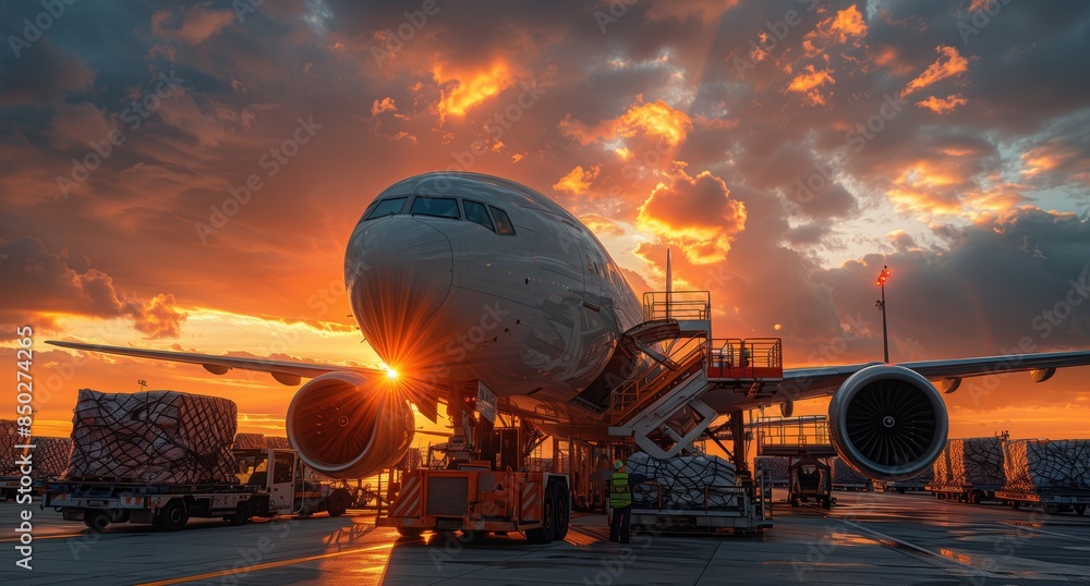 Obraz premium Cargo Plane at Sunrise with Workers. Cargo plane being loaded with cargo at sunrise, with workers preparing the shipment.