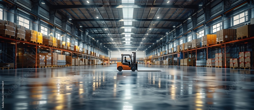 Forklift in Large Warehouse. Forklift inside a large, spacious warehouse, with rows of shelves stocked with various goods. Forklift in Large Warehouse. Forklift inside a large, spacious warehouse, with rows of shelves stocked with various goods.