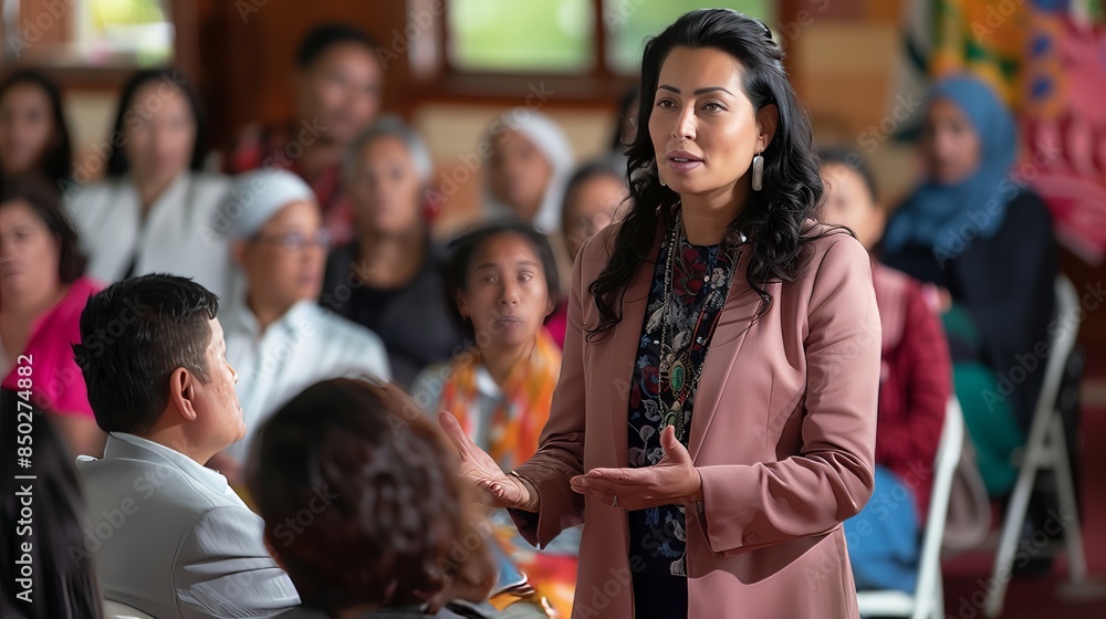 A female politician empathetically addresses an ethnic minority, listening closely and offering solutions.