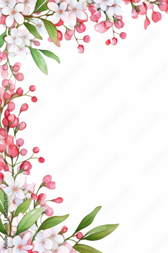 Naklejka premium bouvardia themed frame or border for photos .with clusters of small pink and white flowers. watercolor illustration, white color background.