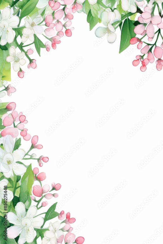 bouvardia themed frame or border for photos .with clusters of small pink and white flowers. watercolor illustration, white color background. bouvardia themed frame or border for photos .with clusters of small pink and white flowers. watercolor illustration, white color background.
