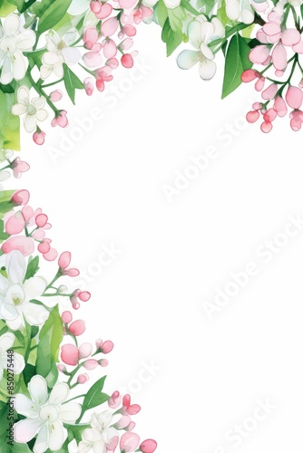 bouvardia themed frame or border for photos .with clusters of small pink and white flowers. watercolor illustration, white color background. 