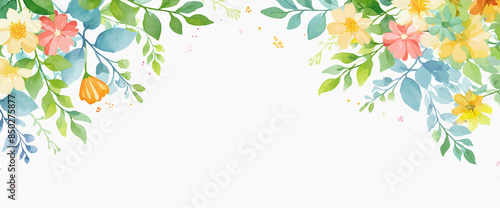 Watercolor illustration frame of naturally blooming flowers and leaves	
