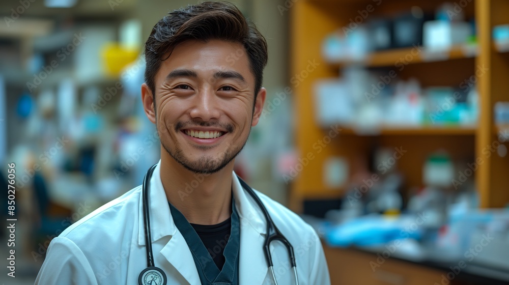 Handsome Korean doctor, smiling, stethoscope, doctor's office at hospital, professional attire, caring demeanor, indoor setting, medical equipment. Handsome Korean doctor, smiling, stethoscope, doctor's office at hospital, professional attire, caring demeanor, indoor setting, medical equipment.