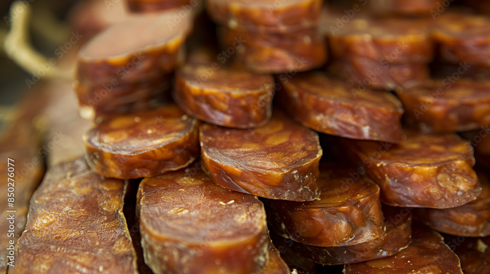 Close-up view of several stacks of sliced cured sausage, showcasing the texture and rich color of the meat. Close-up view of several stacks of sliced cured sausage, showcasing the texture and rich color of the meat.