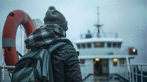 Person wearing a beanie and backpack stands on a ferry, looking towards the ship's structure on a cloudy day.
