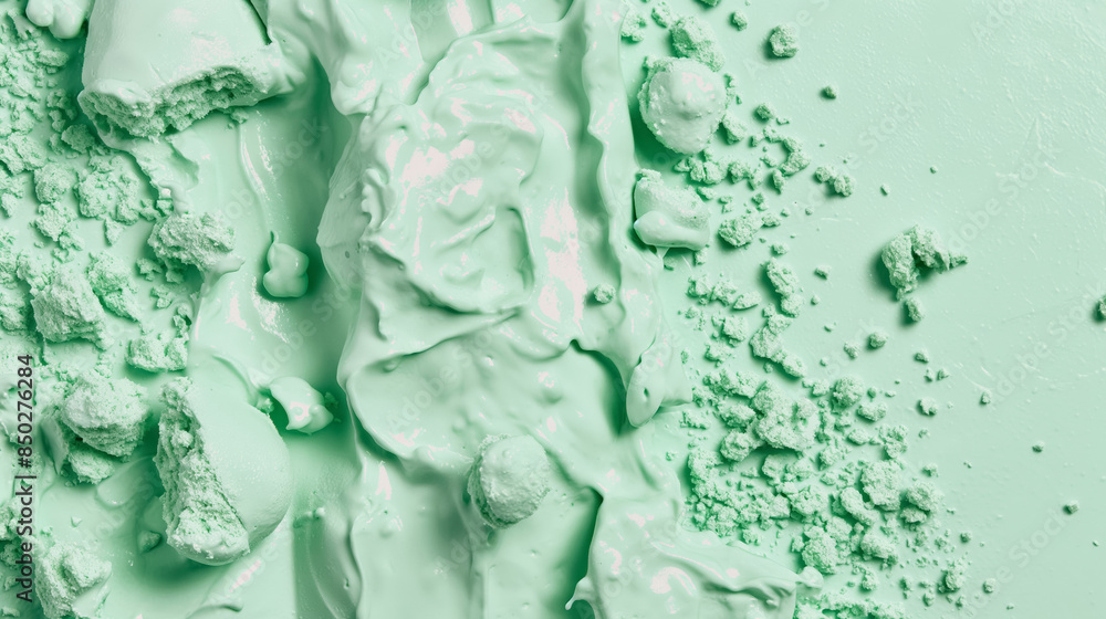 Naklejka premium Textured close-up of a mint green substance, appearing creamy and crumbly, with various lumps and smooth areas.