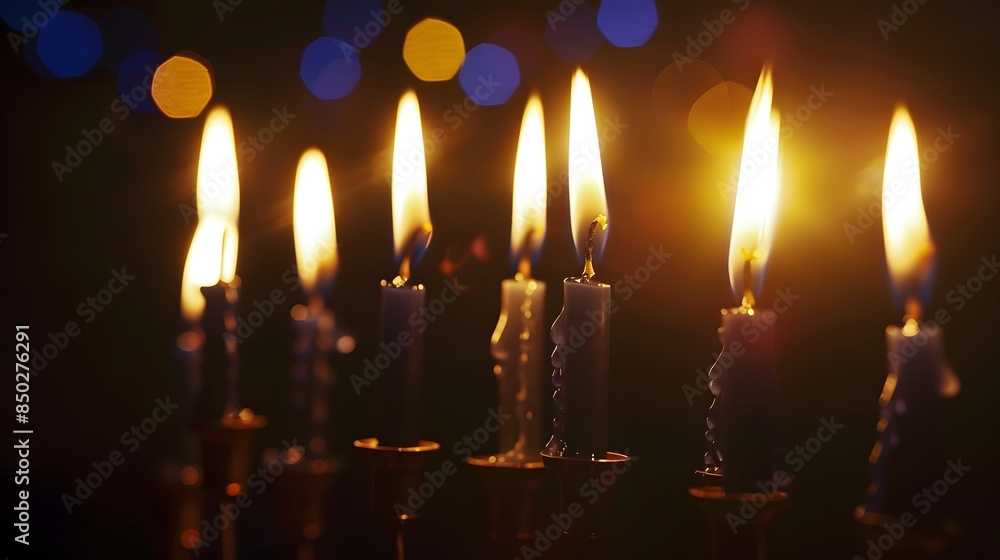 Hanukkah menorah with candles on table against blurred lights.
Hanukkah menorah with candles on table against blurred lights.